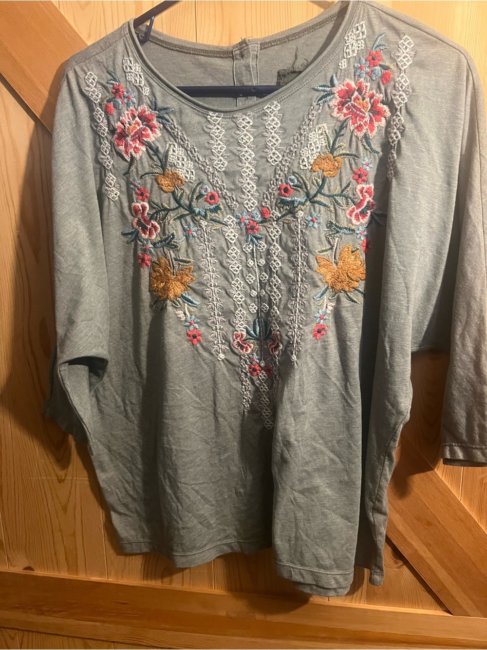 Johnny Was green Long-Sleeve Top with Colorful Floral Embroidery